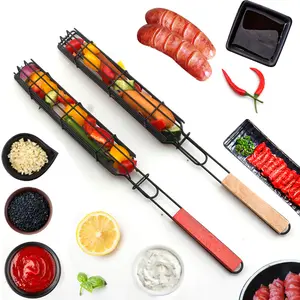 Outdoor wooden handle barbecue cage camping meat vegetable barbecue tool charcoal-grilled sausage stick