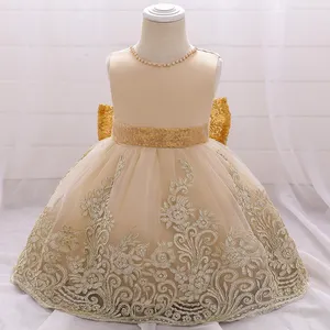 Модное золотистое праздничное платье с бантом и блестками, одежда для малышей выше колена, детская одежда для девочек