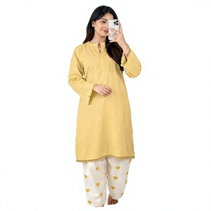 <b>Women</b> Yellow Cotton <b>Kurti</b> With Heart Print Palazzo Set Casual Loose Fit Ankle Length Indian Pakistani Style All Seasons Wear - Product Image 1
