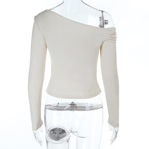 Blouses et hauts à manches longues sexy à épaules inclinées pour femmes Blouses blanches solides et ajustées pour femmes - Product Image 6
