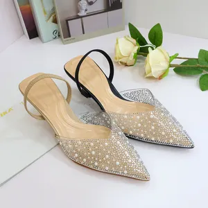 Newest OEM shoes chaussures dames kitten heels unique design pearling pointed toe low heels slingbacks