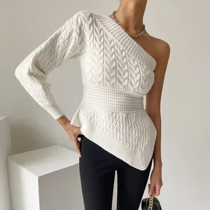 Customized French Women's Elegant Unilateral Off-shoulder Design Waist Twist Knitted Sweater