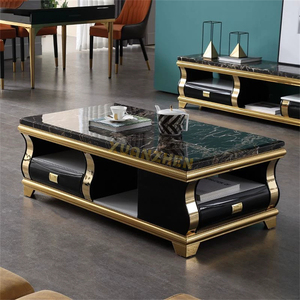Tavolino da Caffè Xuanzhen in Marmo Nero Moderno <span class=keywords><strong>con</strong></span> Base in <span class=keywords><strong>Legno</strong></span> Dorato e Vano Portaoggetti per Soggiorno - Product Image 2