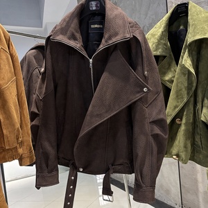 Veste en Cuir Véritable pour <span class=keywords><strong>Femme</strong></span> Automne 2025, Manteau Ample en Peau de Mouton Vintage, Blouson en Daim Marron Foncé - Product Image 2