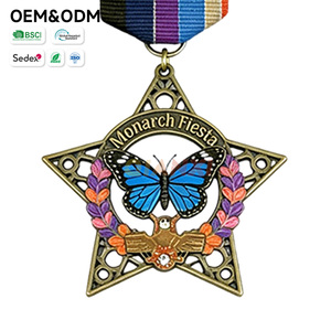 Medalla Conmemorativa Personalizable con Diseño de <span class=keywords><strong>Mariposa</strong></span> <span class=keywords><strong>Azul</strong></span> y Estrella de Cinco Puntas, Fabricada en Aleación de Zinc con Acabado Esmaltado Antiguo - Product Image 1