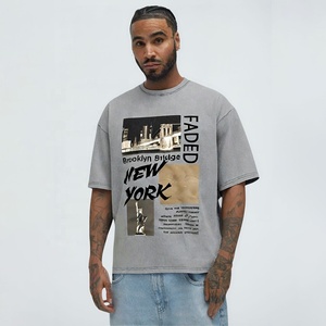Camiseta de algodón lavado con ácido de peso pesado Retro estampado de gran tamaño camisetas cómodas cuello personalizado Hip Hop Logo de alta calidad para hombres - Product Image 1