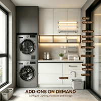 Meuble de buanderie moderne en MDF sur mesure, colonne lave-linge/sèche-linge, dissimule les appareils, sans poignées, évier, comptoir, étagère ouverte, pour appartement et hôtel