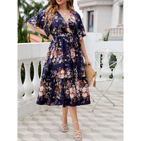 Vestido Casual de Verano para Mujer, Estilo Europeo Americano, Cuello en V, Azul Marino, Estampado, Línea A, Superventas