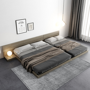 Affordable 3 Star Hotel <b>Platform</b> <b>Bed</b> Set Wooden <b>Frame</b> with Large Panel Headboard and Floating Nightstands for Budget Hotel - Product Image 5