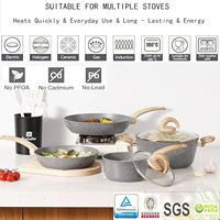 Lot de 6 batteries de cuisine vintage en alliage d'aluminium avec revêtement en marbre, manche en bois antiadhésif en métal pour la cuisine à domicile