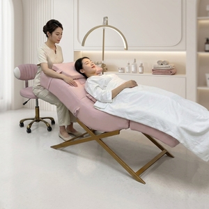 Lit de luxe pour extensions de cils en forme de X, en cuir rose avec base en croix dorée, pour salons de beauté - Product Image 4