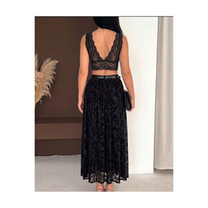 Women's Black Flock Printed Tulle Skirt <b>Elastic</b> Waist With Belt 100 Cm Length - Product Image 4