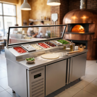 Table de préparation à pizza professionnelle en acier inoxydable, refroidissement direct, comptoir réfrigéré commercial simple/double température pour salades, numérique