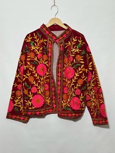 <b>Women</b>’s Red <b>Velvet</b> Embroidered Blazer Mandarin Collar Floral Hand Embroidery Full Sleeve Autumn Style <b>Jacket</b> - Product Image 5
