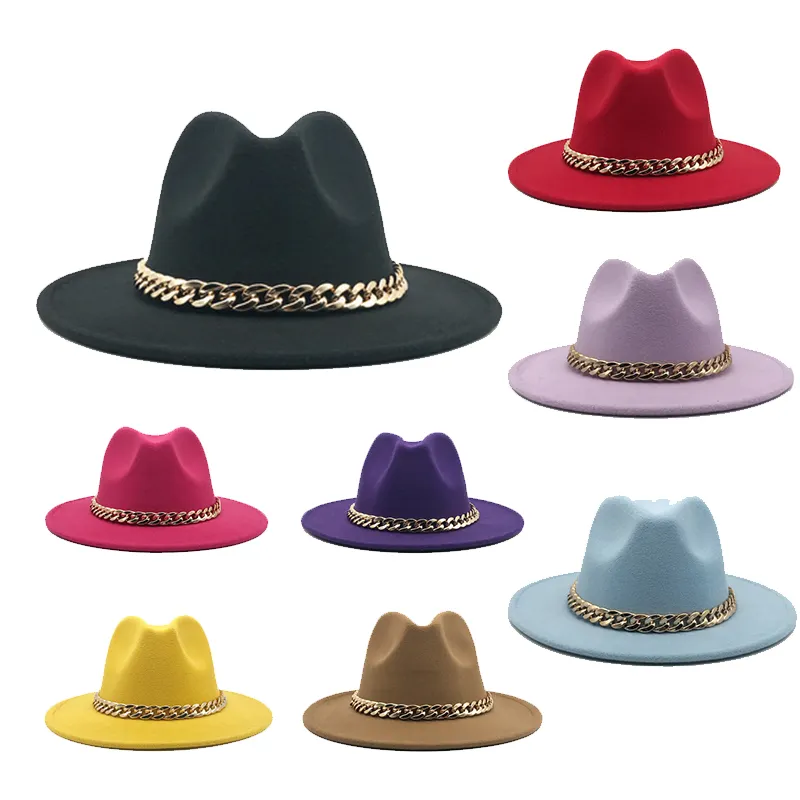 Womens's帽子ワイドつば厚いゴールドチェーンバンド古典的な黒ベージュフェルトキャップパナマカウボーイジャズ男性は高級fedora女性帽子