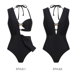 2026 Women Solid Black Halter One-Piece <b>High</b> Cut <b>Swimsuit</b> Deep V <b>Neck</b> Gold Metal Ring Waist Cutout Quick Dry Breathable - Product Image 3