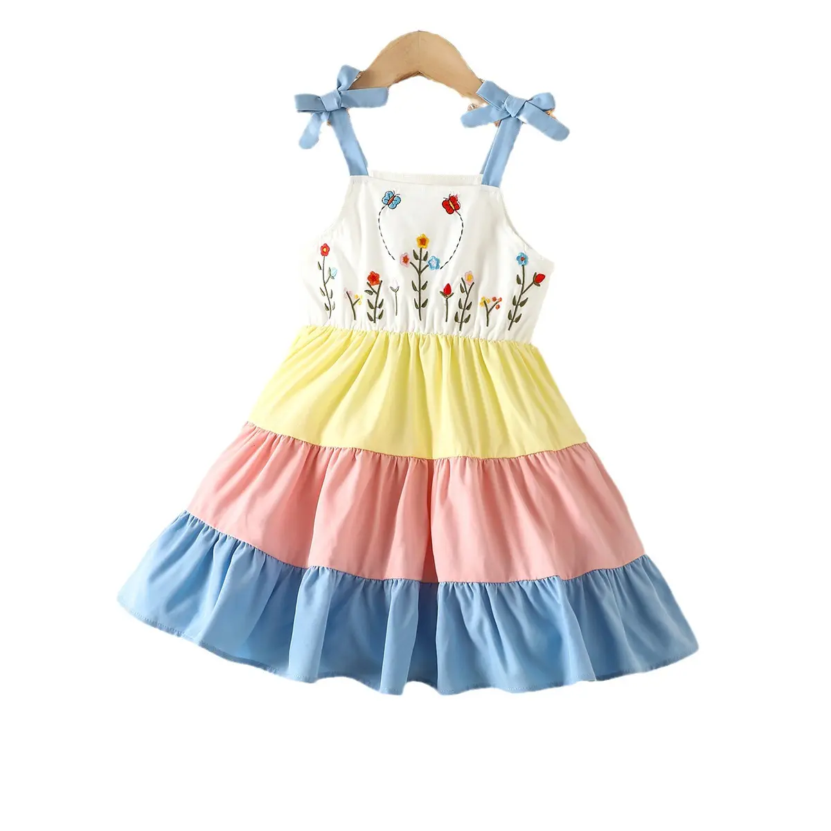 Populaire enfants été filles multicolore arc jarretelle imprimé à volants patchwork mode robe coton maxi robes