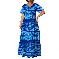 Robe longue décontractée pour femme grande taille, col en V, manches courtes, imprimé Tonga Samoan, design artistique des îles du Pacifique à plusieurs niveaux
