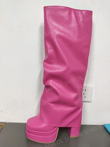 SHIKOL turuncu kırmızı sıcak pembe deri diz yüksek çizmeler kadınlar için çift platformu blok yüksek topuklu kadınlar için çizmeler üzerinde kat - Product Image 3