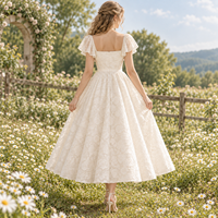 Robe midi personnalisée pour femme, jacquard floral, taille froncée, col incurvé, manches flottantes, jupe évasée, robe de cérémonie coupe trapèze