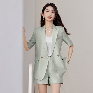Women's Short Sleeve Blazer Suit Set Solid Color Viscose Fiber Breathable Casual Summer Style 2025 New Arrival - Product Image 3