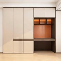 Armoire minimaliste à portes coulissantes en MDF brun foncé, chambre d'hôtel, style français contemporain, naturel