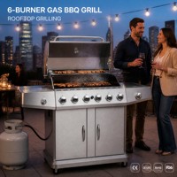 Barbecue à gaz en acier inoxydable 6 brûleurs avec armoire de rangement et grilles en fonte pour fêtes en plein air