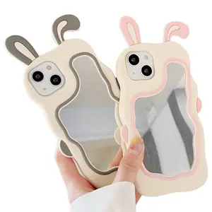 Funny 3D Cute Cartoon Rabbit Ears Silicone Phone Cases For iPhone 15 Pro Max 14 13 12 Makeup Mirror Shockproof Protective Cover