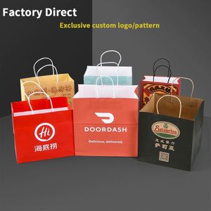 Recyclable Kraft Paper Tote Bag with Custom Logo Printing Hand Length Handle Food Packaging for Pizza & Milk - Product Image 6