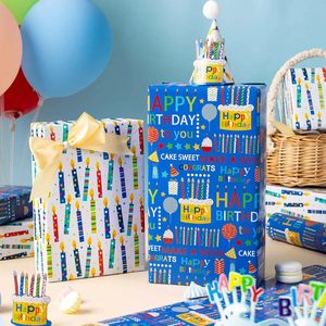 <b>Blue</b> Birthday Wrapping Paper <b>Roll</b> 46.8 Square Feet Reversible Design For Birthday Celebration - Product Image 2
