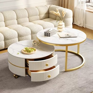 Tavolini da Caffè di Lusso Rotondi per Soggiorno, Tavoli Centrali in Marmo Nero e Vetro, Moderni Tavolini da Caffè di Lusso in Marmo - Product Image 1