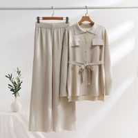 Ensemble pull en tricot pour femme, manches longues, boutonné, ceinture à la taille, pantalon large, tenue décontractée d'automne