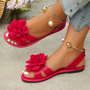 Sandali Estivi da Donna con Cinturino alla Caviglia e Fibbia, Decorati con Perle, Suola Piatta, Tomaia in PU/PVC - Product Image 5