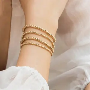 Pulsera de cuentas multicapa minimalista con relleno de oro de 14K, pulseras de cuentas de bola sin costuras de 3/4/5/6mm, joyería Bohemia ajustable hecha a mano