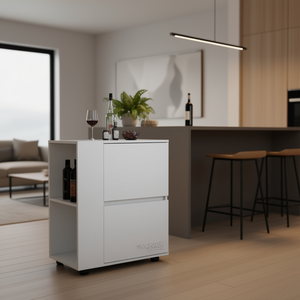Carrito de bar blanco con dos puertas abatibles y estantes abiertos para servir bebidas, diseño minimalista, portátil - Product Image 2