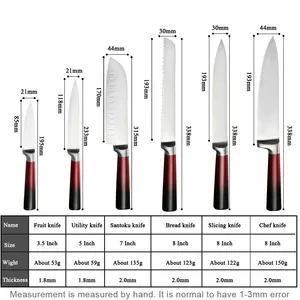 Conjunto profissional de faca de cozinha com cabo oco de aço inoxidável 6 peças cor vermelha