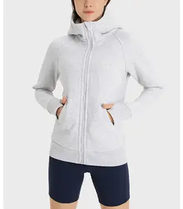 Hoodie katun hangat wanita, pakaian olahraga Yoga jaket mantel dengan saku pakaian aktif