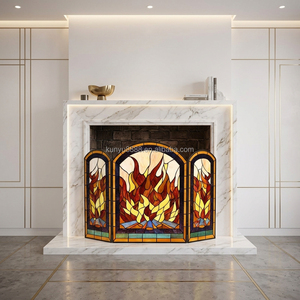 Paravent de cheminée en vitrail, 3 panneaux, motif flamme, verre décoratif traditionnel, pour salon, autoportant, forme cathédrale - Product Image 4