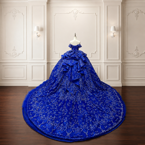 Lsmc143 Elegante Vestido de Quinceañera Azul Cobalto con Hombros Brillantes, Apliques de Encaje Barroco, Cola Capilla, Largo hasta el Suelo, para Fiesta - Product Image 6