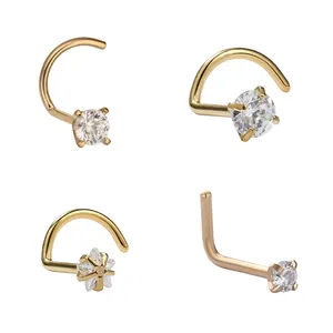 Giometal ASTM F136 Titanium PVD 18K Gold Crystal CZ Nose Ring Piercing/L Bend Shape/Nose studs Body Jewelry