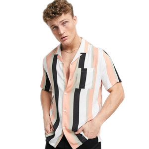 Stylish Short Sleeve Mens Clothing Summer Casual Top <strong>Revere</strong> <strong>Collar</strong> Stripe Men's <strong>Shirts</strong> in Peach - Product Image 1
