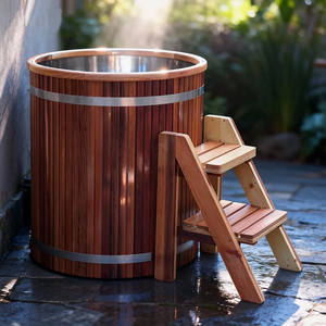 Baril de bain froid en cèdre à vendre, avec marchepied en bois, baignoire de bain froid en cèdre rouge pour 1 personne, utilisation en extérieur - Product Image 1