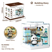 Mainan Blok Bangunan Plastik WF Panda, Set Mikro-Piece Edukatif, Puzzle Perakitan, Lampu Berkedip, Pajangan Adegan Dapur Kamar Tidur