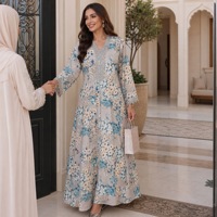 Robe ample à imprimé floral avec bordure de col ornée de strass pour un usage quotidien décontracté, Eid et réunions festives, Abaya en polyester ODM