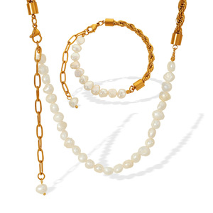 Freshwater Pearl Braided Necklace And Bracelet <b>Set</b> Women's Elegant Jewelry Everyday Wear Gold Chain Pearl <b>Beads</b> - Product Image 5