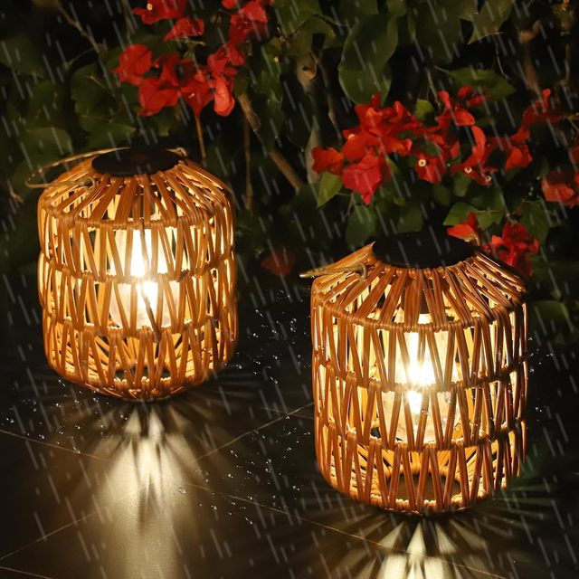Tsinye Solar Powered Woven Bamboo Chandelier Waterproof Hanging Lantern for Garden or Balcony Outdoor Decorative Light
