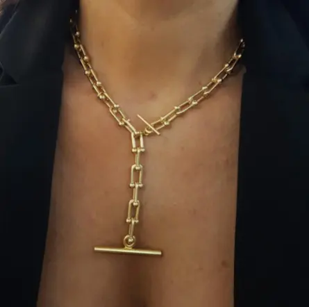 Collier ras du cou en plaqué or 18k pour femmes, chaîne à maillons en T, fer à cheval en forme de U