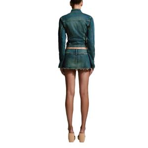 แฟชั่นมาใหม่ เสื้อแจ็คเก็ตยีนส์สีน้ำเงินคอสูงแบบซิปสุดเซ็กซี่ และกระโปรงสั้นวินเทจ - Product Image 3