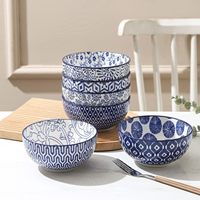 Ensemble de 12 assiettes et bols en céramique à motifs assortis bleus vintage, design personnalisé, impression par tampographie, pour 4 personnes