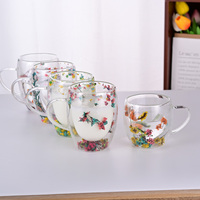 Nouvelle conception de tasses à café en verre à double paroi de 350 ml avec incrustation de fleurs séchées - Cadeau de Noël pour les amis, tasses à café et à thé résistantes à la chaleur